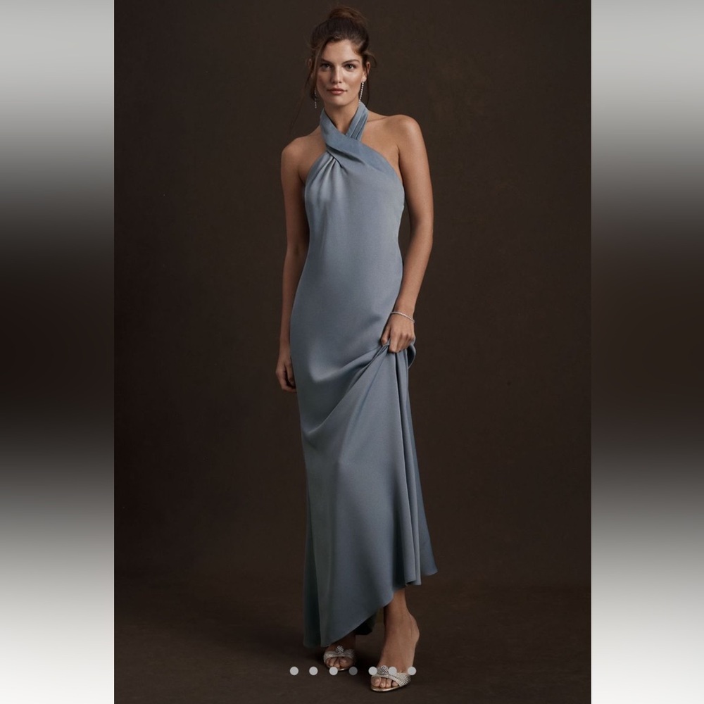 BHLDN Ruby Twist Halter Satin Gown DUSTY BLUE